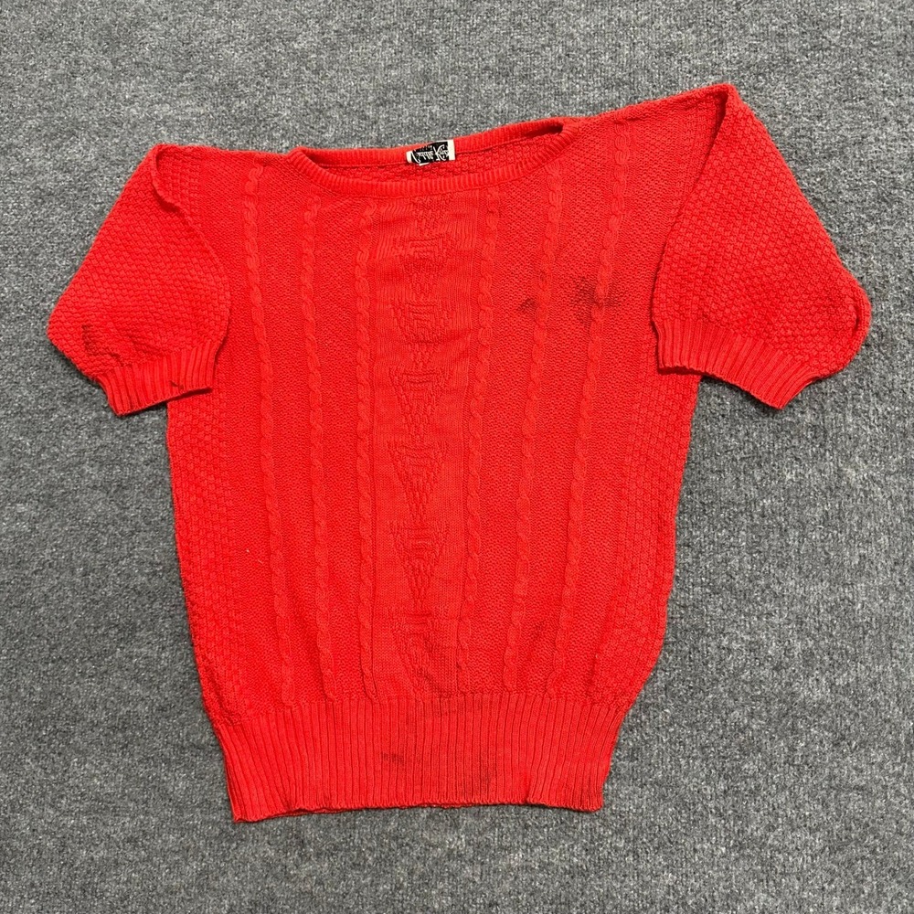 Cuddle Knit Sweater Womens Size L Red Short Sleeve Cable Knit Boat Neck USA Made